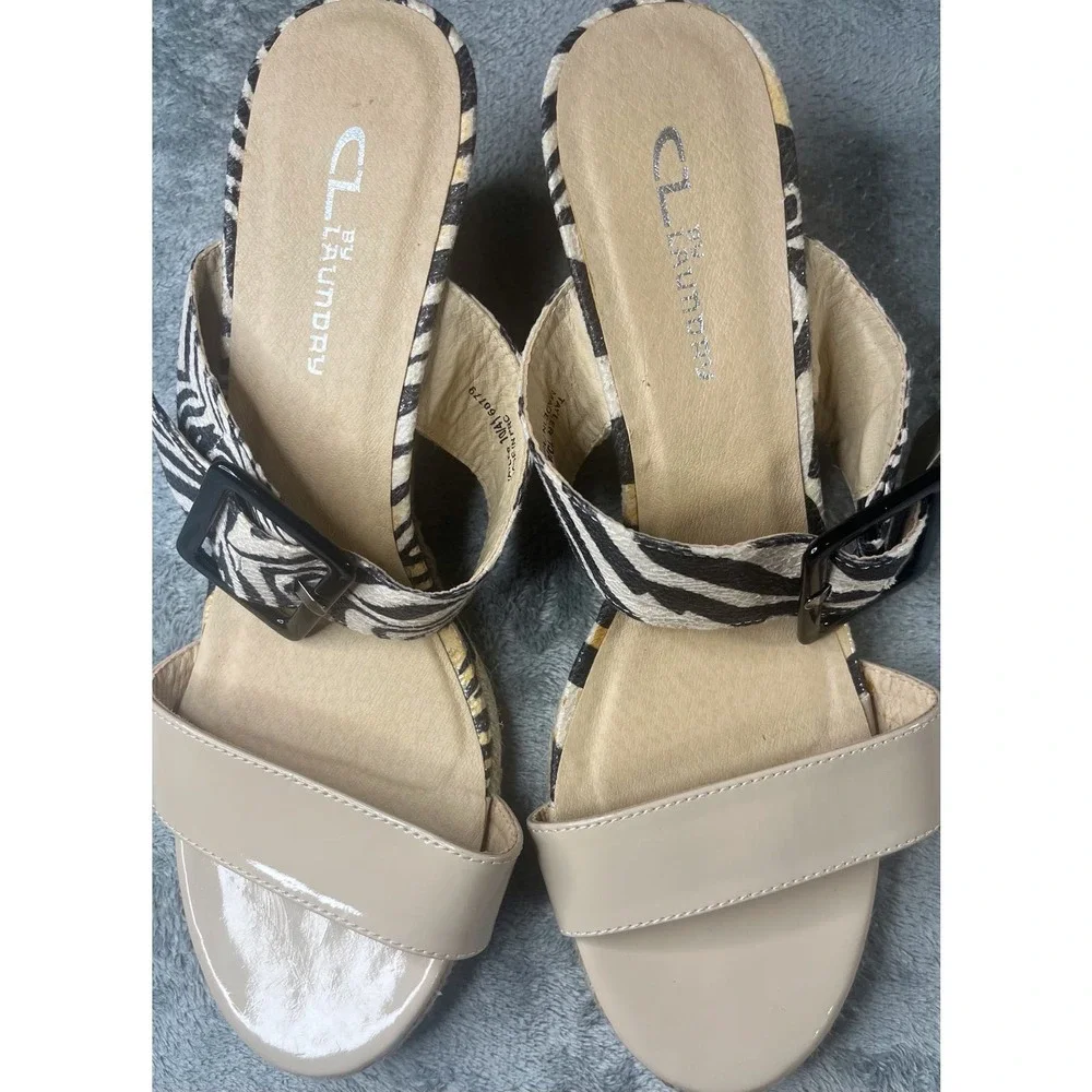 CL Laundry Tayler Zebra‎ Print Patent Wedge Sandals Tan Black 10/41
